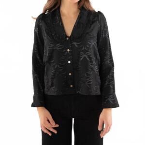 NEW EMILY MCCARTHY cameron pleated cuff top in black bow lattice